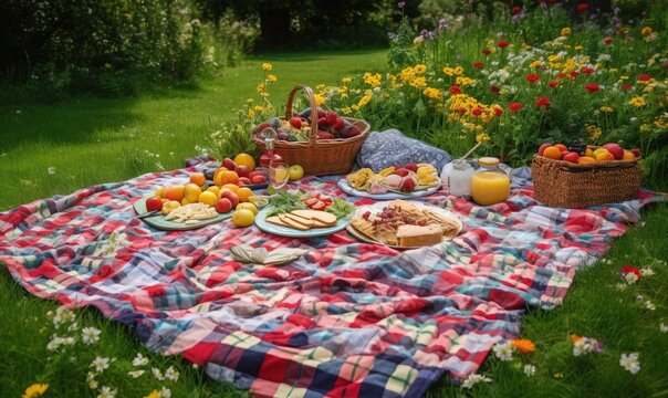  a picnic blanket with food on it in a field of flowers.  generative ai