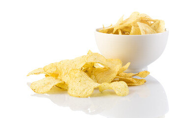Prepared potato chips snack closeup view