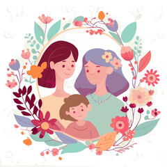Mom's day. Women's Day. Vector flat illustration. Abstract backgrounds, patterns about mothers day. Hearts, abstract geometric shapes. Perfect for poster, label, banner, invitation. Mom with a child.