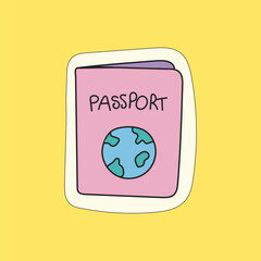 Sticker Hand-drawn cute travel passport on a yellow background