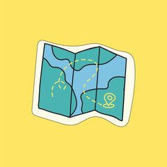 Sticker hand-drawn cute tourist map with route on a yellow background