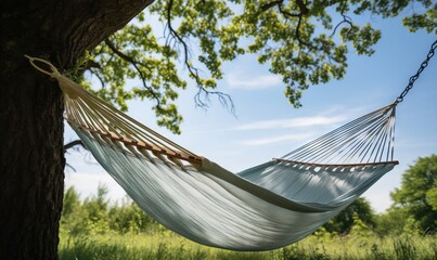  a hammock hanging from a tree in a field.  generative ai