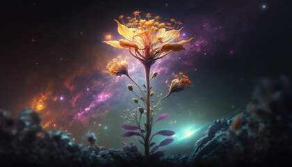 Plakat a magical shining flower in space, fantasy radiant artwork, scifi inspired, generative ai technology