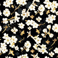 Seamless vector pattern with sakura flowers on a black background.Line art style.