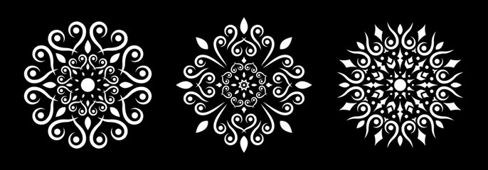 Vintage round ornament design set. Circle abstract pattern with floral elements. Mandala. Circular decorative element in classic, retro style. Wedding, arabesque, oriental decor. Vector illustration.