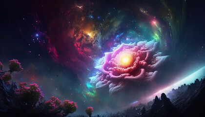 Obraz na płótnie Canvas an amazing flower in space with fog around, generative ai technology