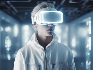 AI artificial intelligence man - wearing VR glasses virtual global world internet connection and a new experience in the future metaverse. Metaverse technology concept: innovation of the futuristic