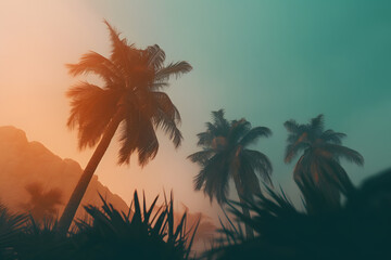 Plakat Fog landscape with palm trees. Neural network AI generated art