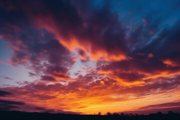 Fototapeta na wymiar Vibrant sunset sky. Warm fire tones. Blue, orange and yellow sunset sky.