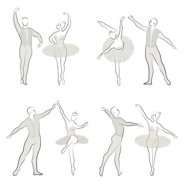 Collection. Silhouette of a ballet actor. The woman and the man have beautiful slender figures. Girl ballerina and boyfriend dancer. Vector illustration set.