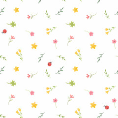 Beautiful children's seamless pattern with hand drawn watercolor cute flowers. Stock illustration.