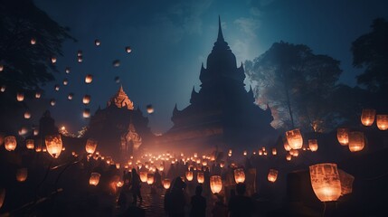 Vesak day in Borobudur temple and light a lampion - obrazy, fototapety, plakaty