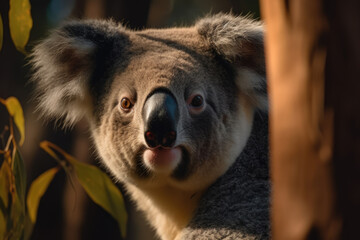 Koala looking at the camera, beautiful background, eucalyptus forest background, ai generated.
