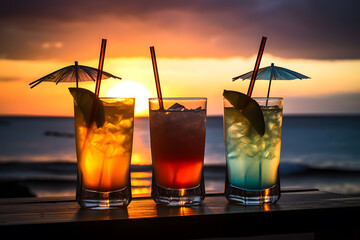 Cocktails on the beach with beautiful sunset - Generative AI