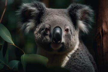 Obraz premium Koala looking at the camera, beautiful background, eucalyptus forest background, ai generated.