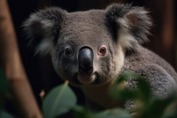 Naklejka premium Koala looking at the camera, beautiful background, eucalyptus forest background, ai generated.