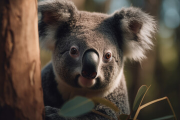 Obraz premium Koala looking at the camera, beautiful background, eucalyptus forest background, ai generated.