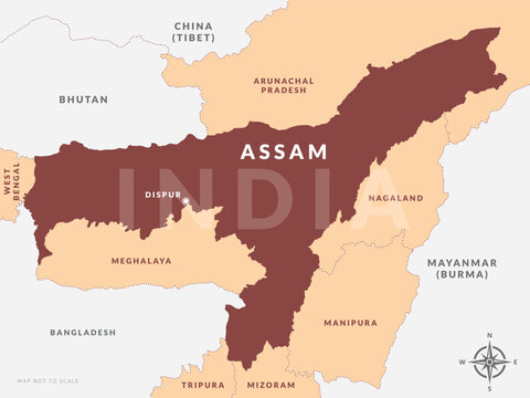 State of Assam India with capital city Dispur hand drawn map