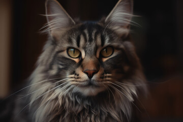 Maine Coon cat looking at the camera, beautiful background, ai generated.