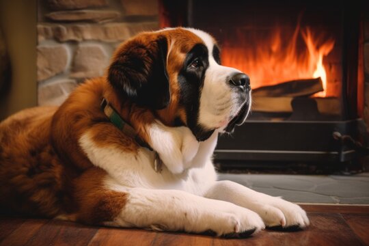 A Large Brown Saint Bernard Dog Laying In Front Of A Fire Place. AI Generative Image.