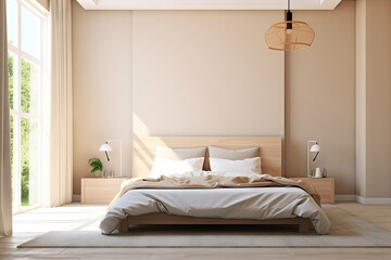 Minimal interior design bedroom with beige cozy tone style, decorate with wooden bed, lamp, white pillows, table, and brown tone background, empty wall for mock up and banner, with Generative Ai.