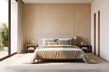Fototapeta na wymiar Minimal interior design bedroom with beige cozy tone style, decorate with wooden bed, lamp, white pillows, table, and brown tone background, empty wall for mock up and banner, with Generative Ai.