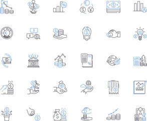 Fiscal asset line icons collection. Revenue, Budget, Investment, Taxation, Capital, Accounts, Expenditure vector and linear illustration. Treasury,Portfolio,Audit outline signs set Generative AI