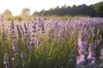 Field of Purple Colored Lavender in Summer Sunrise, Close Up: AI Generated Image