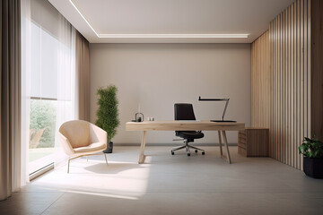 Naklejka na ściany i meble Minimal interior modern office space room with beige cozy tone style, decorate with armchair, desk, and row of computers, empty wall for mock up and banner, with Generative Ai.