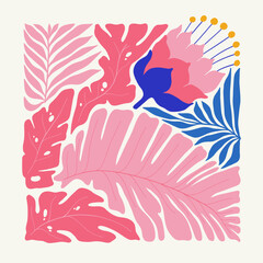 Floral abstract elements. Tropical Botanical composition. Modern trendy Matisse minimal style. Floral poster, invite. Vector arrangements for greeting card or invitation design