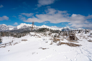 Picturesque view of traditional mountain pasture wood cabin.