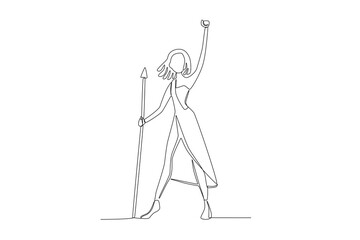 An excited woman holding an African tribal weapon. Africa tribe one-line drawing