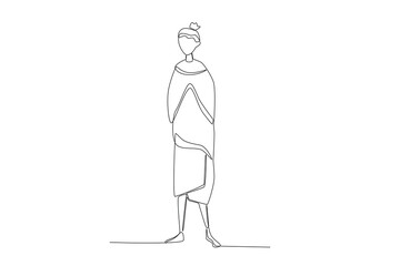 A woman clad in African tribal clothing. Africa tribe one-line drawing