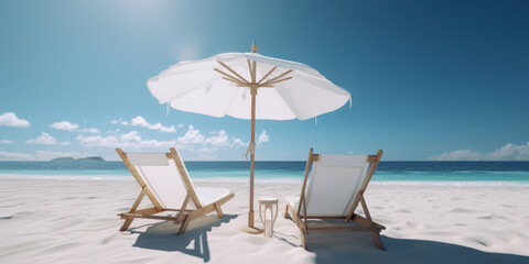 plage déserte avec transat et parasol, sable blanc, ciel bleu, mer calme