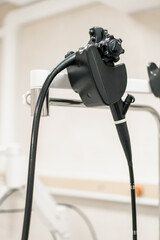 Close-up of a modern endoscope examination device during diagnostic gastroscopy or colonoscopy in clinics