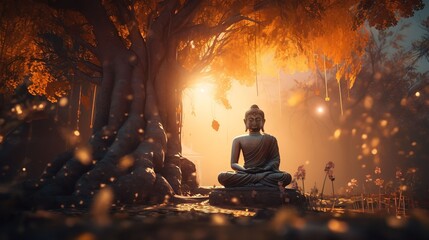 Naklejka na ściany i meble Buddha sitting under bodhi tree on sunset