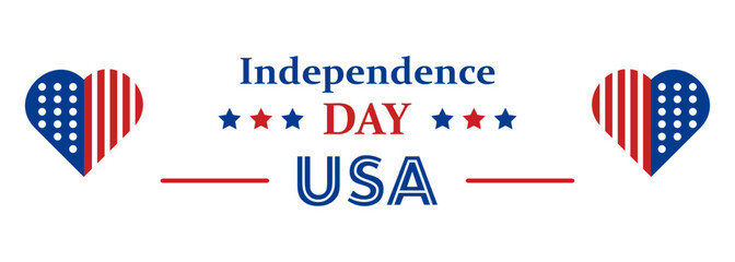 Text INDEPENDENCE DAY and hearts in colors of USA flag on white background