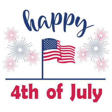 Text HAPPY 4th OF JULY, USA flag and fireworks on white background
