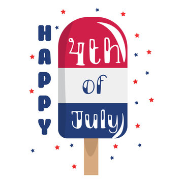 Ice-cream in colors of USA flag and text HAPPY 4th OF JULY on white background