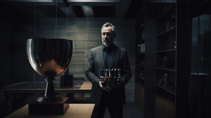 A dramatic photo of a business leader holding up a trophy in a dark and moody office space. Generative AI