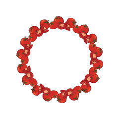 Circular frame of hand-drawn red tomatoes, for labels, stickers, and packaging.