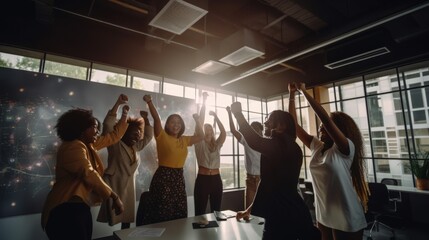 A dynamic photo of a diverse team of business professionals celebrating their success with high fives and fist bumps in a bright and modern office space. Generative AI