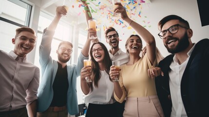 A dynamic photo of a diverse team of business professionals celebrating their success with high fives and fist bumps in a bright and modern office space. Generative AI