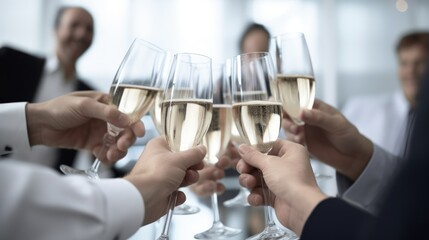 A team of business executives toasting champagne glasses to celebrate a profitable quarter. Generative AI - obrazy, fototapety, plakaty