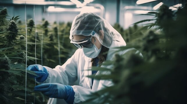 concept of herbal alternative medicine and pharmaceutical industry is exemplified of a scientist wearing a mask, glasses, and gloves, who is examining hemp plants in a greenhouse. Generative AI