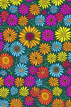 Floral pattern. Bohemian pattern with flowers in the style of the 60s and 70s. Created by artificial intelligence
