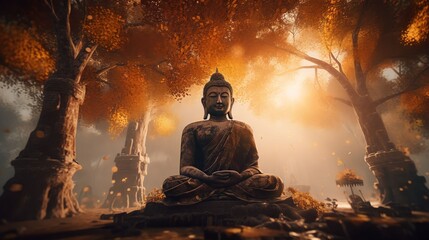 Buddha sitting under bodhi tree on sunset