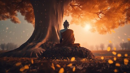 Buddha sitting under bodhi tree on sunset
