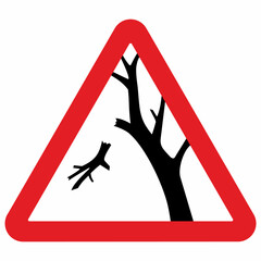 Attention, danger of falling branches, trees, red triangle sign, vector