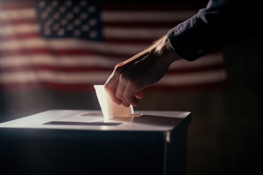 a hand threw a ballot into a ballot box on the background of the american flag on election day. Generative AI Generative AI